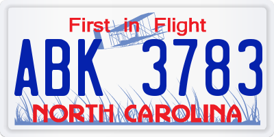NC license plate ABK3783