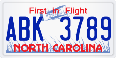 NC license plate ABK3789