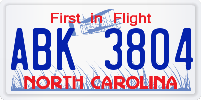 NC license plate ABK3804