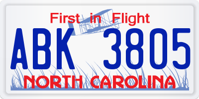 NC license plate ABK3805
