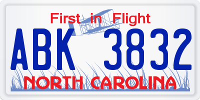 NC license plate ABK3832