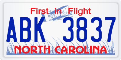 NC license plate ABK3837