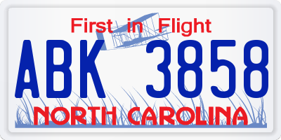 NC license plate ABK3858