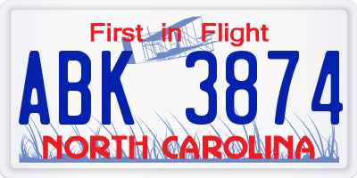 NC license plate ABK3874