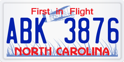 NC license plate ABK3876