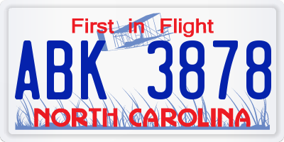 NC license plate ABK3878