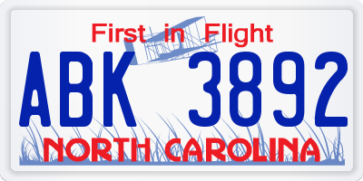 NC license plate ABK3892
