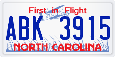 NC license plate ABK3915