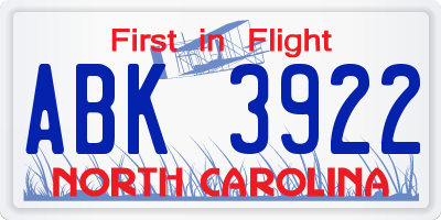 NC license plate ABK3922
