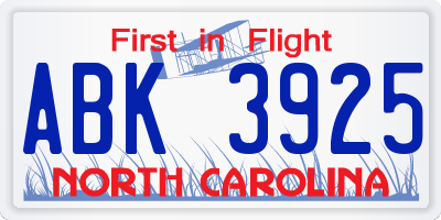 NC license plate ABK3925