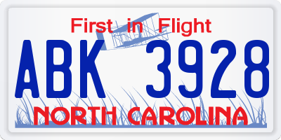 NC license plate ABK3928