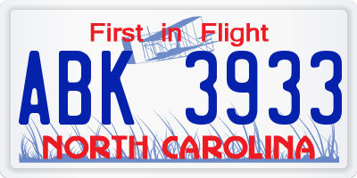 NC license plate ABK3933