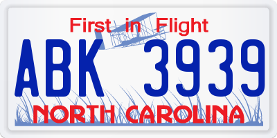 NC license plate ABK3939