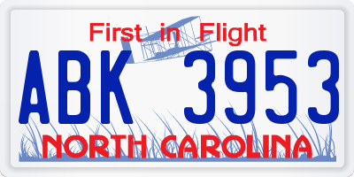 NC license plate ABK3953