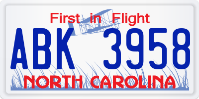 NC license plate ABK3958