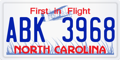 NC license plate ABK3968