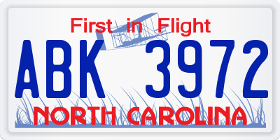 NC license plate ABK3972