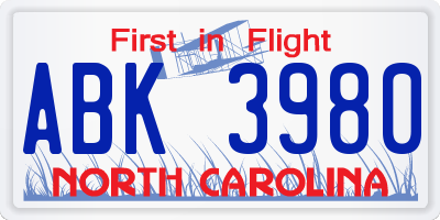 NC license plate ABK3980
