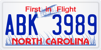 NC license plate ABK3989