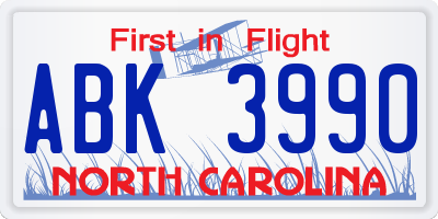 NC license plate ABK3990