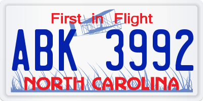 NC license plate ABK3992