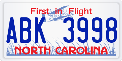 NC license plate ABK3998
