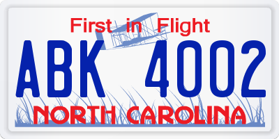 NC license plate ABK4002