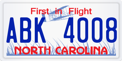NC license plate ABK4008