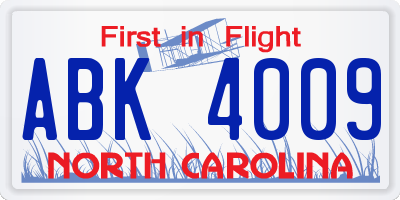 NC license plate ABK4009