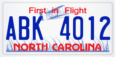 NC license plate ABK4012