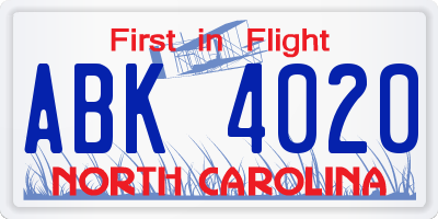 NC license plate ABK4020