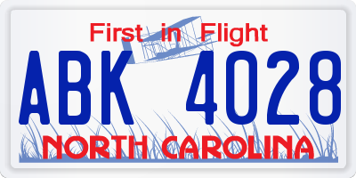 NC license plate ABK4028