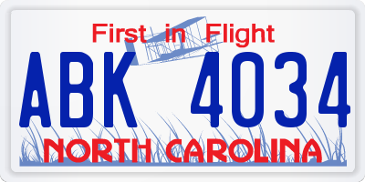 NC license plate ABK4034