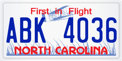 NC license plate ABK4036