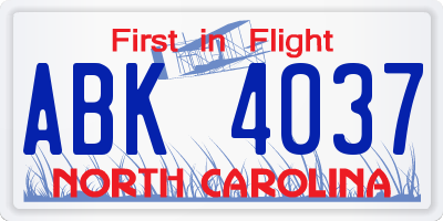 NC license plate ABK4037