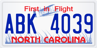NC license plate ABK4039