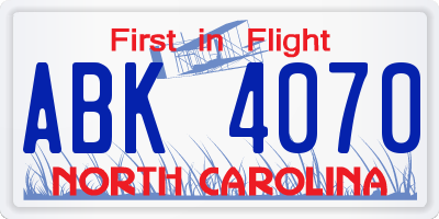 NC license plate ABK4070