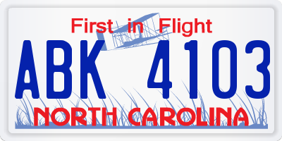 NC license plate ABK4103