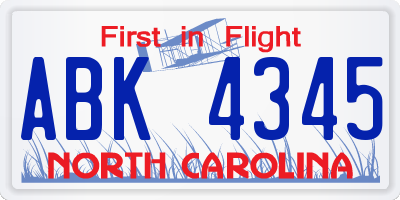 NC license plate ABK4345