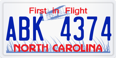 NC license plate ABK4374