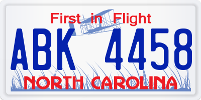 NC license plate ABK4458