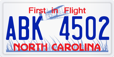 NC license plate ABK4502