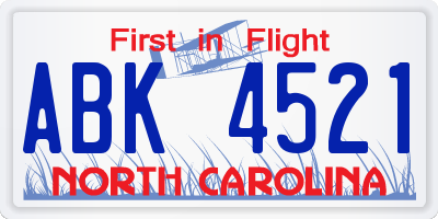 NC license plate ABK4521