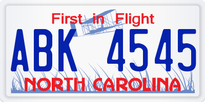 NC license plate ABK4545
