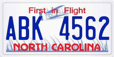 NC license plate ABK4562