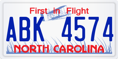 NC license plate ABK4574