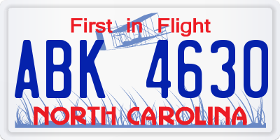 NC license plate ABK4630
