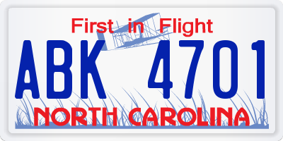 NC license plate ABK4701