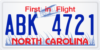 NC license plate ABK4721
