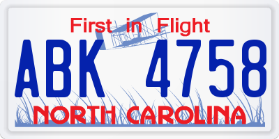NC license plate ABK4758